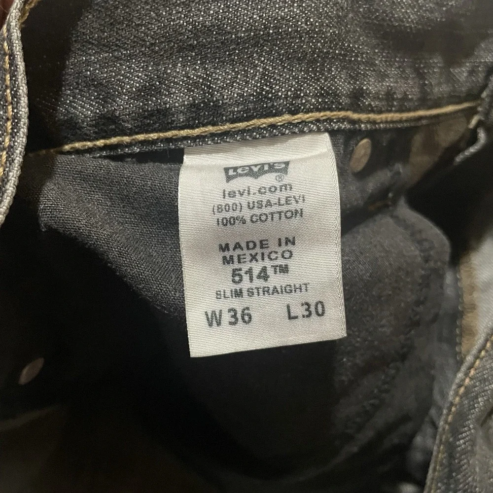 Levi's 514 Slim Straight Jeans Men's 36 X 31 Black Charcoal Denim Made Mexico